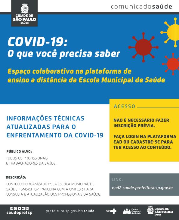 Banner convite de curso COVID-19: oq ue você precisa saber, da escola municpal de saúde